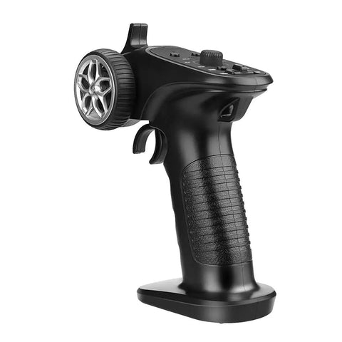 Pro Grade 2 4Ghz 4 Channel RC Transmitter for Cars Boats and Tanks with Ultra Smooth Response Long Range Control FHSS 67 Channel Tech Works with Multiple Vehicles Black, angled view of sleek black design with control wheel