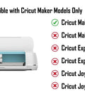 Front view of white Cricut cutting machine with blue interior; right-side compatibility list for Cricut Maker models.