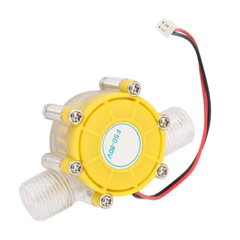 Micro Water Turbine Generator DC Manual Small Hydroelectric Turbine With Transparent Shell Yellow Power Generation Device For DIY Water Power Hydropower 80V Male Thread, close-up view showing wiring and connections.