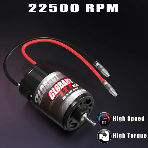 550 12T Brushed RC Motor For 1x10 Scale Traxxas Slash Rustler Stampede And Arrma Granite Senton Typhon Beefy Torque Upgrade With 22500 RPM For Serious Power And Smooth Responsive Throttle shown with red and black wires, labeled high speed and torque.