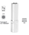 Three Eighths Inch Drive, Seven Sixteenths SAE Deep Socket, thin wall design visible for tight spots and recessed hex fasteners.