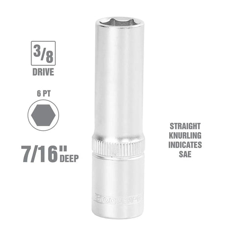 Three Eighths Inch Drive, Seven Sixteenths SAE Deep Socket, thin wall design visible for tight spots and recessed hex fasteners.