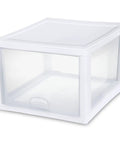 Eight Pack 27 Quart Stacking Drawers For Closet Storage With Clear Front And Sides And White Frame Modular Plastic Organizer For Clothes Shoes Accessories Crafts And Linens Great For Dorms And Apartments shown from front angle