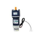 Front view of LGYMSZSS DC gear motor with brake, 24V, 120W, blue housing and orange output shaft.