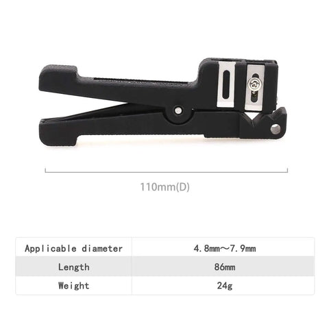 Side view of Adjustable Fiber Optic Cable Stripper For Loose Tubes And Buffer Tubes, 4.8 to 7.9 mm coax sheath, black hand tool