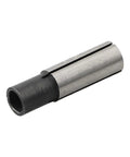 Collet adapter for CNC router spindle; close-up view, 6.35mm to 4mm shank converter, 65Mn steel, silver with black end