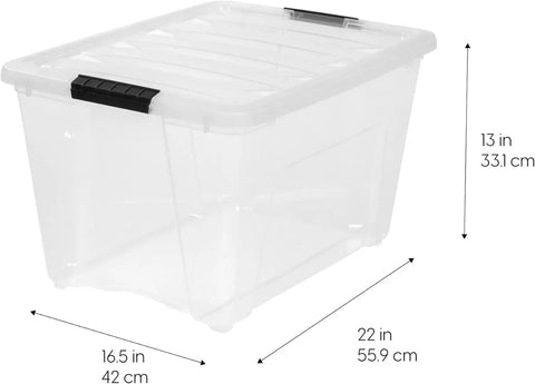 Top Shelf 54 Quart Stackable Storage Bins 12 Pack Clear Plastic Totes With Rock Solid Lids Bpa Free Made In Usa No Drama Stacking Keeps Your Garage Closet And Room Stuff Snug