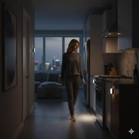 Woman walks in kitchen illuminated by Plug In LED Night Light With Auto Dusk To Dawn Sensor Adjustable Brightness And Color Temperature