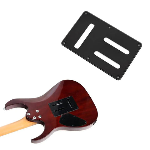 Durable PVC Electric Guitar Rear Panel Cover Plate With Secure Fit Protective Backplate shown next to installed view on guitar