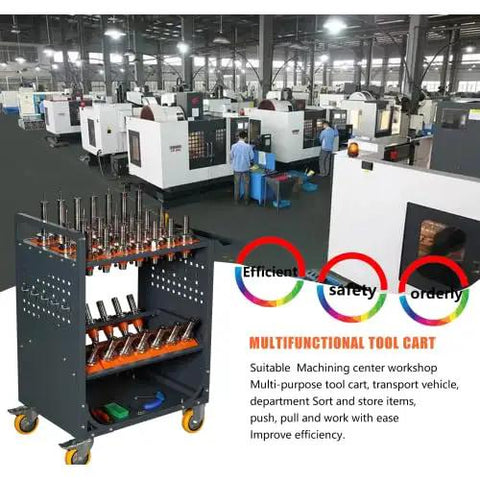 CAT40 Classic Mobile CNC Tool Storage Cart With Wheels in a machining center, black with orange tool holders, suitable for warehouses.