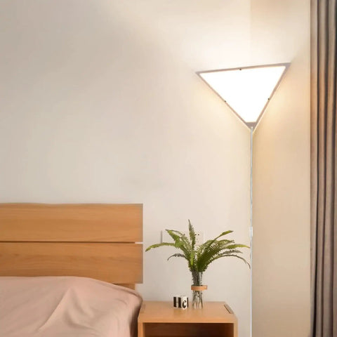 Bedroom setup with Triangle Corner Light With Switch, Plug In Ceiling Lamp For Dark Corners, Space Saving White Acrylic 2 Pack