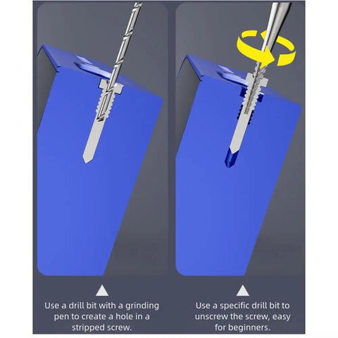 Premium Alloy Screw Extractor Drill Bit Set With Fixed Handle For Stripped Screws Removal In Phones And Electronics, hole and removal demo