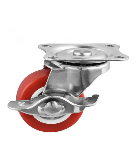 Close-up of a Pack Of 4 1.5 Inch Swivel Brake Casters With Flat Side Rollers Red PVC Wheels For Furniture And Coffee Tables.