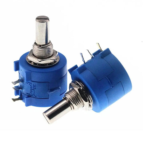 Pair of blue 10K 3590S Multiturn Wire Wound Rotary Potentiometers With Knob Cap, suitable for DIY electronics and audio tuning.
