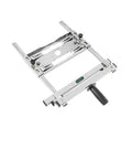 Machining vise wood-positioning guide tool with stainless steel frame, ruler scales and black handle, front view.