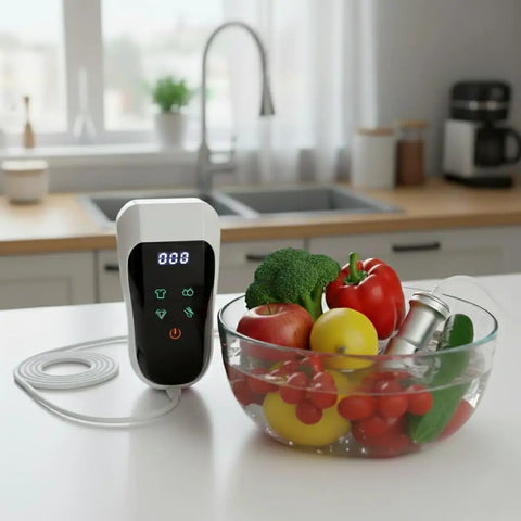 Portable Ultrasonic Cleaning Wand Featuring 60khz Sonic Cavitation Technology For Jewelry Glasses Watches And Dentures Fits Any Sink Or Bucket To Work Like A Champ And Knock Out Stubborn Grime Fast with vegetables in water.