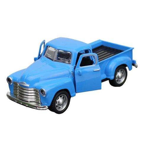 Retro Pickup Truck Model Toy In Metal Sky Blue with open doors, alloy die-cast material, classic stepside desk decor.