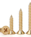 Bad Boy Solid Brass Countersunk Self Tapping Wood Screws With Phillips Cross Recessed Heads in various sizes.