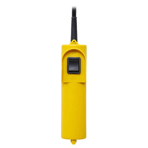 Front view of yellow hoist pendant remote with black rocker switch and wired cable.