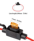 Close-up of 2 Pack Mini Blade Fuse Holders Waterproof Inline Pigtail Harness For Cars, 240mm line, 11mm fuse, 18 Gauge Wiring