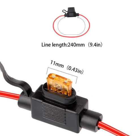 Close-up of 2 Pack Mini Blade Fuse Holders Waterproof Inline Pigtail Harness For Cars, 240mm line, 11mm fuse, 18 Gauge Wiring