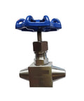 Front view of Butt Weld High Pressure Needle Valve J63Y160P Series with blue handle, used for industrial fluid control, DN options available.