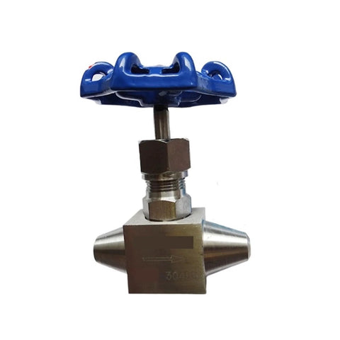 Front view of Butt Weld High Pressure Needle Valve J63Y160P Series with blue handle, used for industrial fluid control, DN options available.