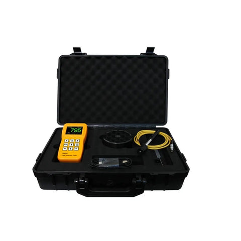 Road Ready Leeb Metal Hardness Tester With D Impact Probe And Calibration Block Digital Readout inside portable case.
