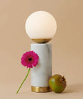 Aspen LED Table Lamp With USB Port For Bedside Or Desk Ambient Lighting And Marble Finish Globe Shade with pink flower and fruit