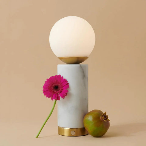 Aspen LED Table Lamp With USB Port For Bedside Or Desk Ambient Lighting And Marble Finish Globe Shade with pink flower and fruit
