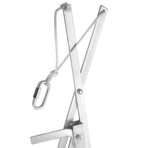Close-up of Filter Box Grabber Lift Hoist For Quick Safe One Person Lifting showing foldable metal frame with rope and carabiner.