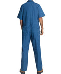 Back view of men's short sleeve coveralls shop grade mechanic jumpsuit in navy, rugged cotton poly blend, perfect for summer work grind.