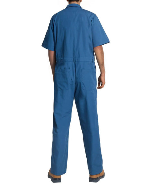 Back view of men's short sleeve coveralls shop grade mechanic jumpsuit in navy, rugged cotton poly blend, perfect for summer work grind.