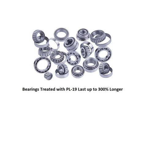 Metal bearings treated with penetrating lubricant that reduces friction by forty percent, bonds to metal for long lasting corrosion protection