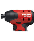 Close-up of 22 Volt Cordless Impact Driver Body with Quarter Inch Hex Chuck High Torque Lithium Ion Power Black Red Design
