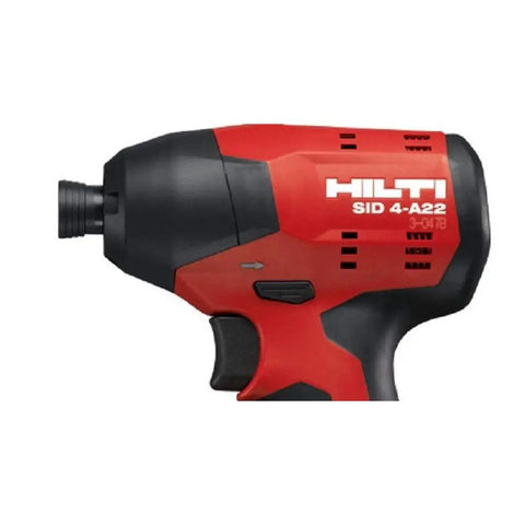 Close-up of 22 Volt Cordless Impact Driver Body with Quarter Inch Hex Chuck High Torque Lithium Ion Power Black Red Design