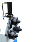 Close-up of Top Shelf Hydraulic Roller Bender Machine For Metal Pipe Square Tube Fabrication 3 HP Motor, showing bending rollers.