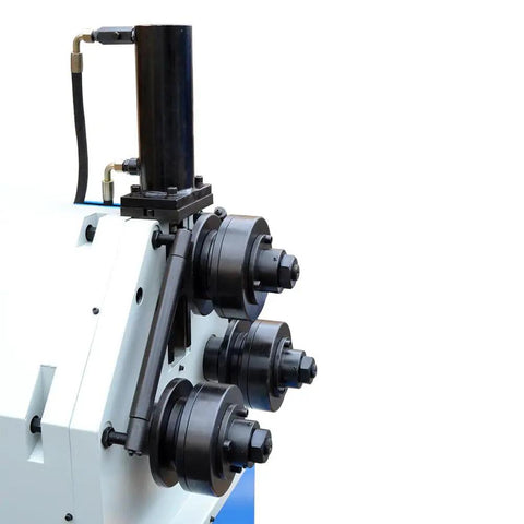 Close-up of Top Shelf Hydraulic Roller Bender Machine For Metal Pipe Square Tube Fabrication 3 HP Motor, showing bending rollers.