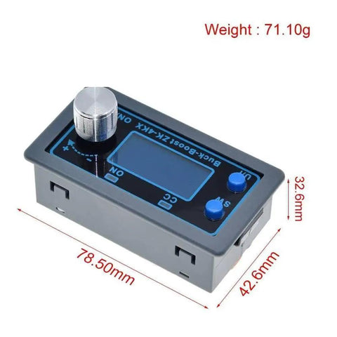 CNC DC DC Buck Boost Converter CC CV 0.5 To 30V 4A Power Module with blue knobs and weight details shown