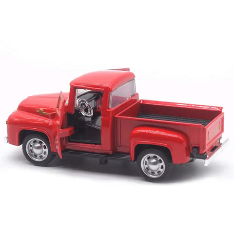 Red Metal Truck Christmas Decor For Farmhouse Style Vintage Pickup Truck Tabletop Storage Die Cast Metal With Hand Painted Finish Perfect Holiday Gift For Car Folks And Decor Enthusiasts shown with doors open, 12x5x4 cm model.