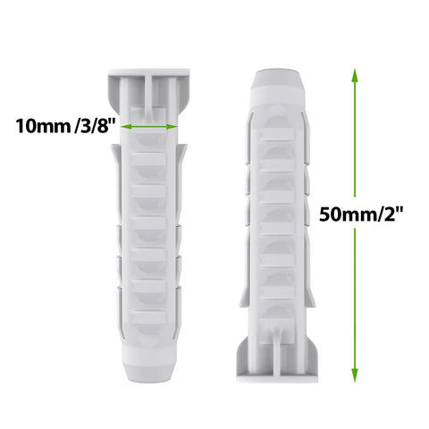 Concrete Wall Anchors For TV Wall Mount Installation Suitable For Concrete Or Brick Walls Durable Plastic Anchor Bolts 10x50mm White 6 Pack With Two Way Expansion For Increased Holding Power showing dimensions