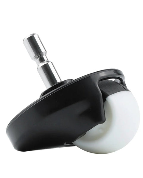 Front wheel caster assembly for Roomba; black housing with white wheel and metal stem