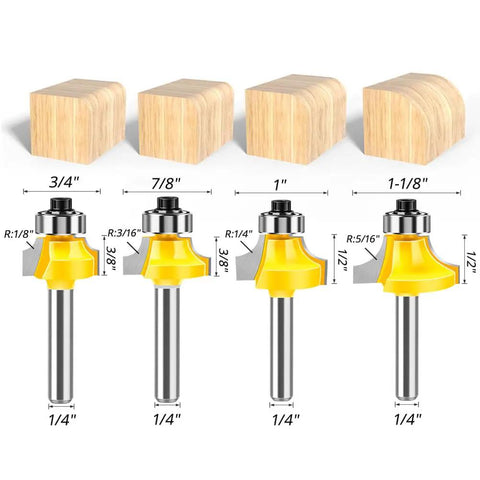 Pro Grade Four Piece Roundover Router Bit Set With One Quarter Inch Shank And C3 Carbide Cutters showing different edge radii