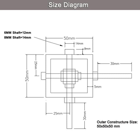 PGFUN 10:1 right-angle worm gearbox with 8mm shaft, 90° drive, 20T reduction; size diagram showing outer 50x50x50 mm