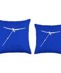 Blue throw pillow featuring a white sailplane winch launch illustration, ideal for sailplane lovers who live for takeoffs, 100% polyester.