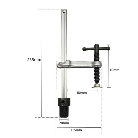 Insertion Clamp Fixture With Ratchet Table Clamp, Quick Release Tool, Hardened Alloy Steel For Carpentry And Metalworking, Ultra Durable Workshop Clamp For Projects, T Bar Insert Clamp 160x80mm, Base 28mm, 235mm shown