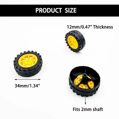 20Pcs 34mm Toy Car Wheels With 10Pcs 2mm Shafts And 100mm Axles, showing 34mm diameter and 12mm thickness