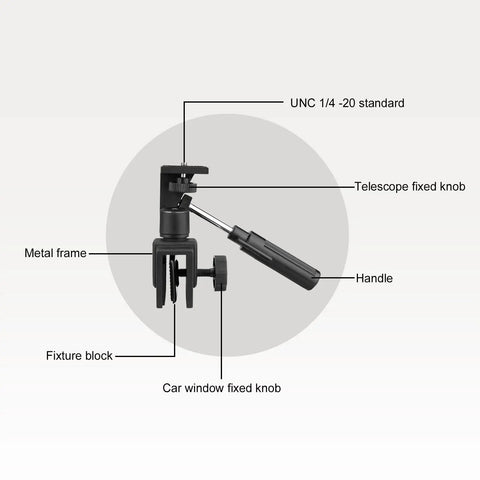 Car Window Mount Clamp For Spotting Scope Monocular Binocular Telescope And SLR Camera With Mounting Thread labeled diagram.