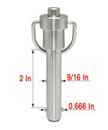 Hardcore Marine Grade Stainless Steel Ball Lock Pin Quick Release Tool With Zero Slack Button Indexing And Tight Grip 9/16 Inch Diameter Plus 2 Inch Length For Road Ready Builds, showcasing dimensions and design.