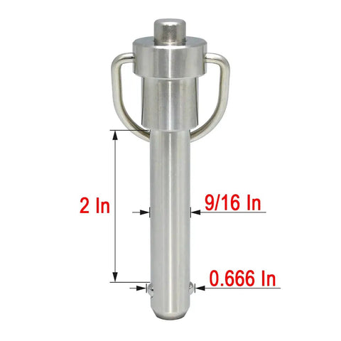 Hardcore Marine Grade Stainless Steel Ball Lock Pin Quick Release Tool With Zero Slack Button Indexing And Tight Grip 9/16 Inch Diameter Plus 2 Inch Length For Road Ready Builds, showcasing dimensions and design.